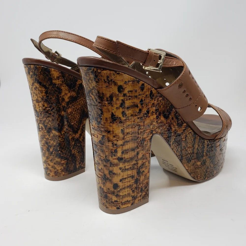 Guess Leather Platform Chunky Heeled Shoes Size 8.5 Brown Tan Heels‎ Ankle Strap